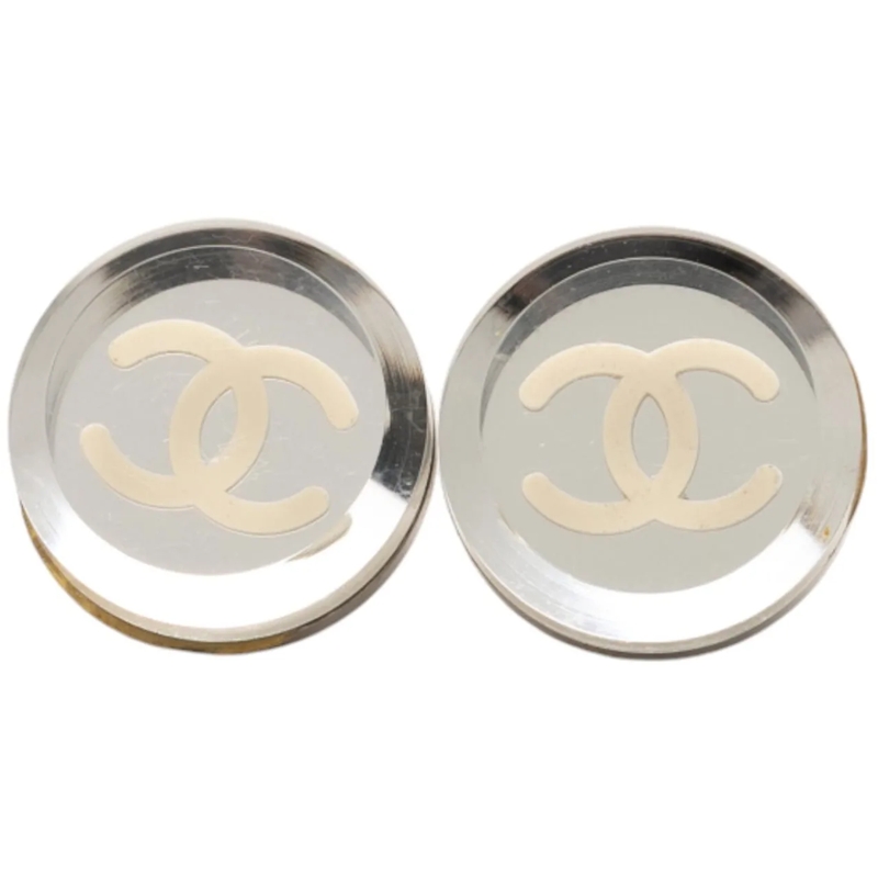 Chanel Creolen Resin CC Round Push Back Earrings silber