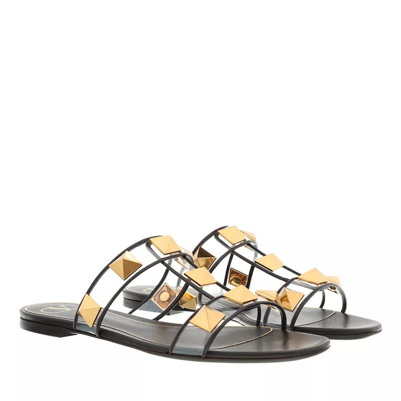 Valentino Garavani Slides Roman Stud Pvc And Smooth Leather Flat Sandals Dark Brown