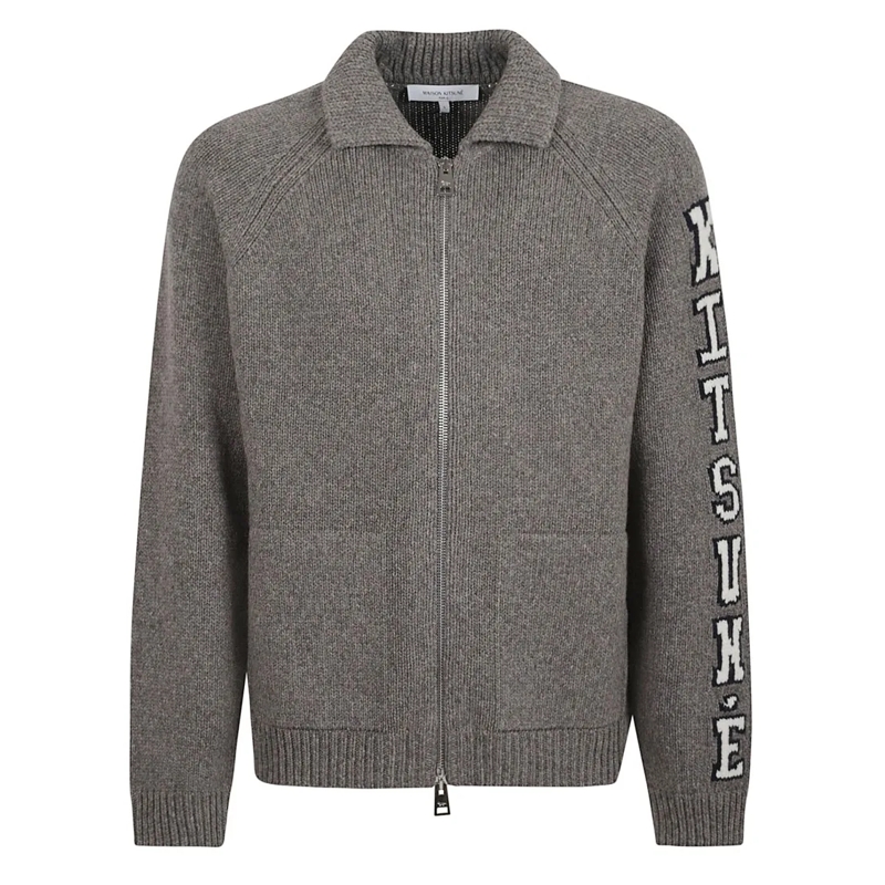 Maison Kitsune  Textured Grey Wool Blend Zip-Through Jacket Grey
