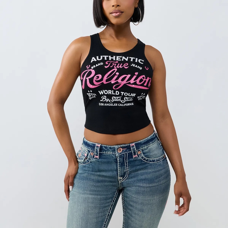 True Religion Top - Tanktop- Gerippt- Logo mit Ziersteine besetzt schwarz(Image 6)