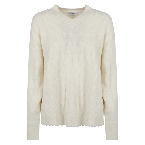 RE/DONE Pullover Ivory Cable Knit Sweater With Ribbed V-Neck And Fr Neutrals