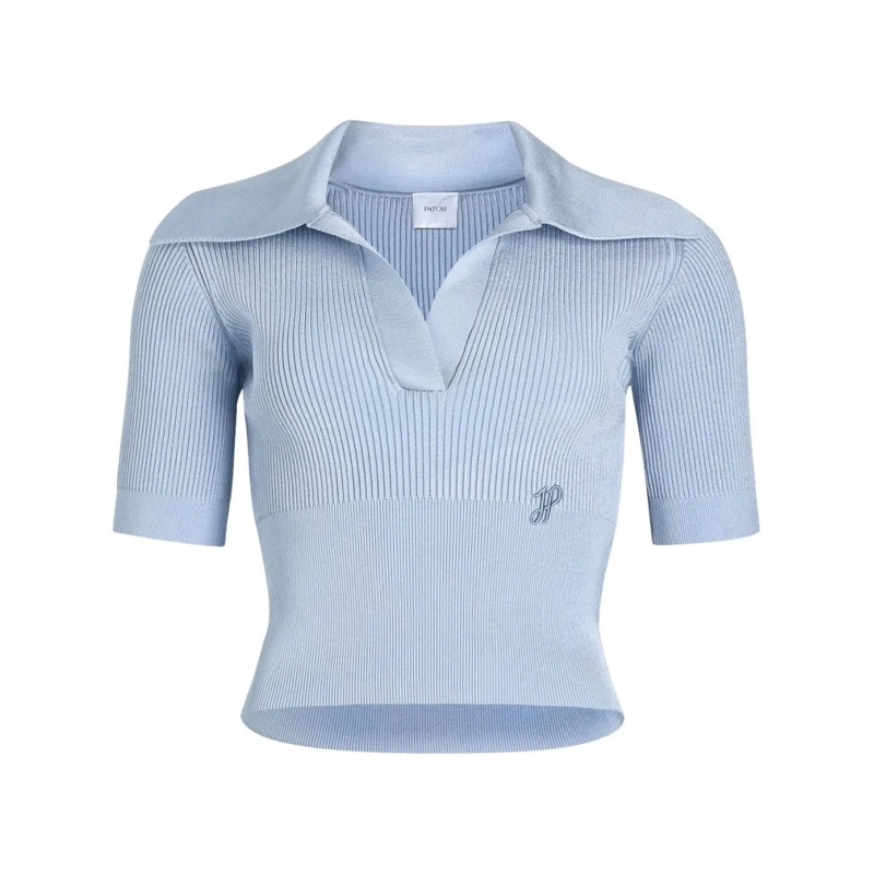 Patou Hemd Light Blue Ribbed Knit Polo Top Blue