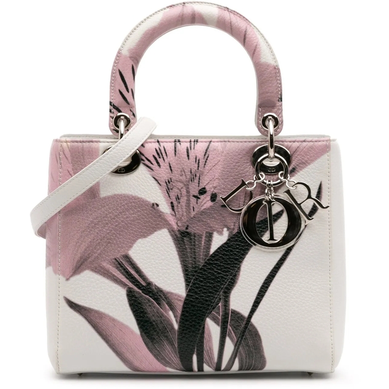 Christian Dior Schultertasche Medium Deerskin Floral Printed Lady Dior weiß
