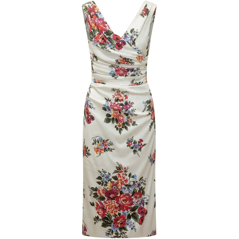 Dolce&Gabbana Midikleid Abito con Scollo a V e Drappeggio e Motivo Floreal weiß