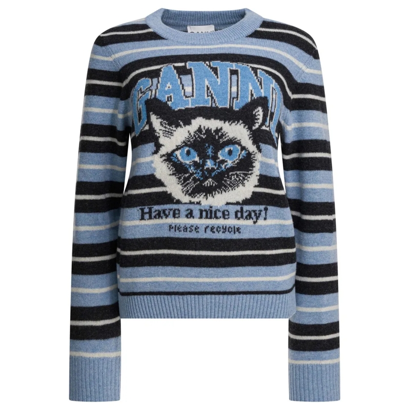 GANNI Pull Graphic Print Wool Sweater With Striped Detailing Blue