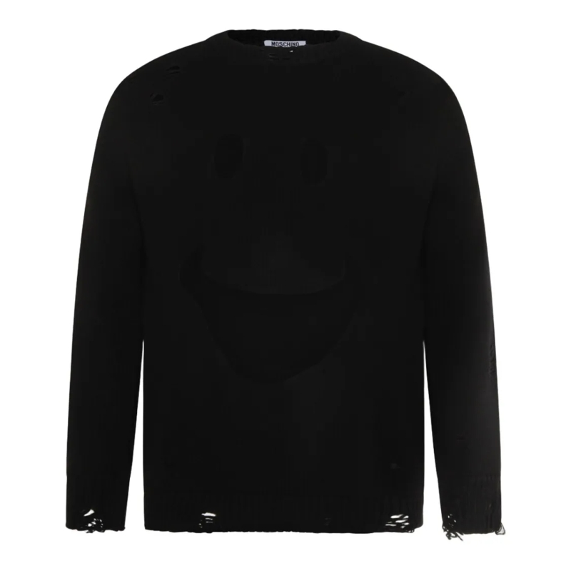 Moschino Trui Distressed Black Sweater With Playful Smiley Desig Black