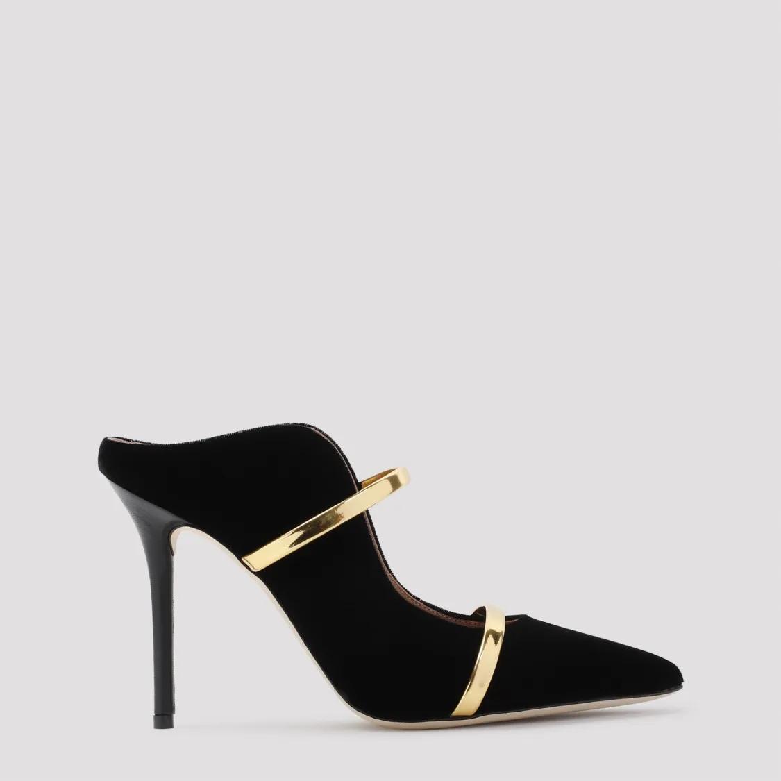 Malone Souliers Maureen 100 Black Gold Velvet Pumps Black Escarpin