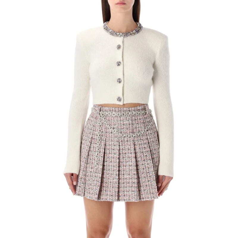 Self Portrait Strickjacke Ivory Alpaca Cropped Cardigan With Crystal Trims Neutrals