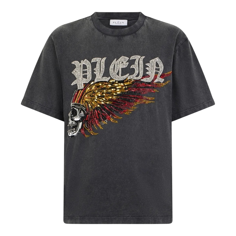 Philipp Plein T-Shirt Washed Round Neck T-Shirt Eagle Skull Skull schwarz