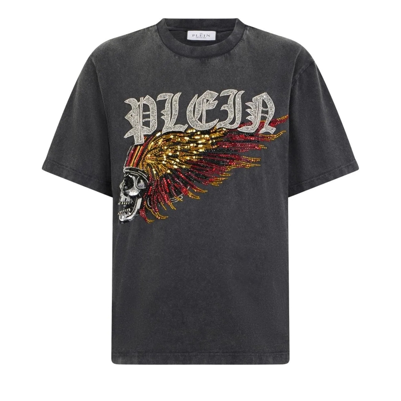Philipp Plein T-Shirt Washed Round Neck T-Shirt Eagle Skull Skull schwarz