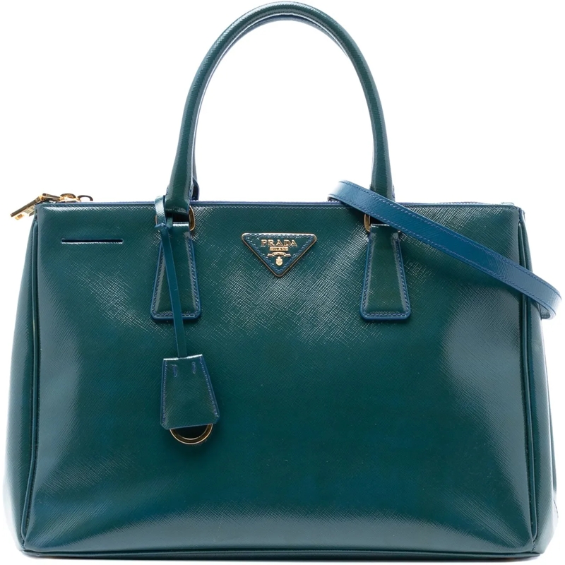 Prada Schultertasche Medium Saffiano Vernice Galleria Double Zip Satche blau