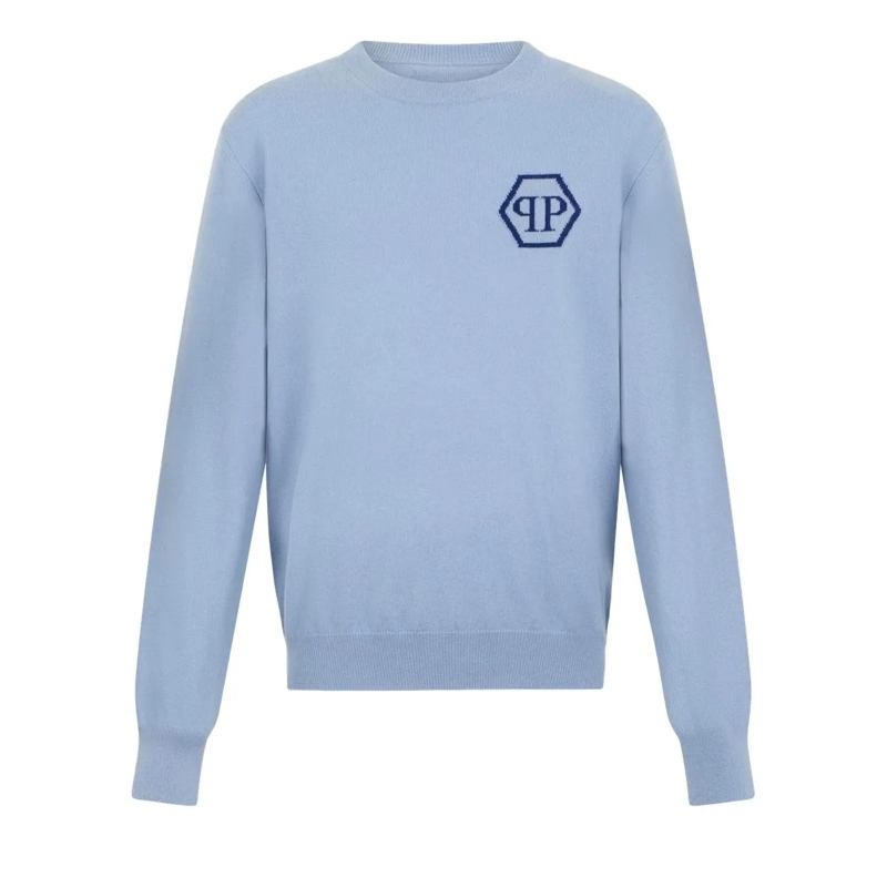 Philipp Plein Kaschmirpullover Cashmere Roundneck Pullover Jacquard Hexagon hell-blau