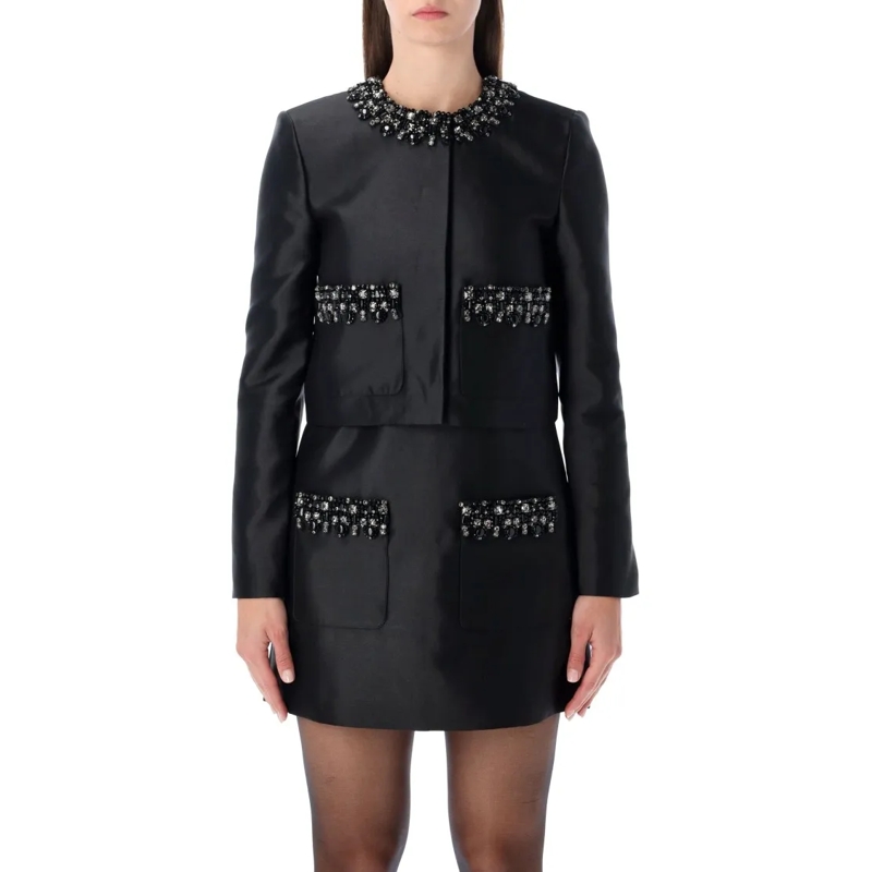 Self Portrait Overgangsjas Black Taffeta Embellished Trim Jacket Black