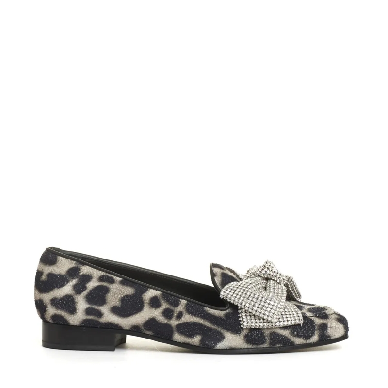 Agl Balletschoenen Bow Moccasin Rhinestone And Leopard Print Black