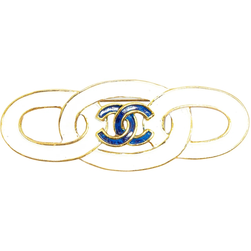 Chanel Bague Gold Plated Enamel CC Brooch weiß