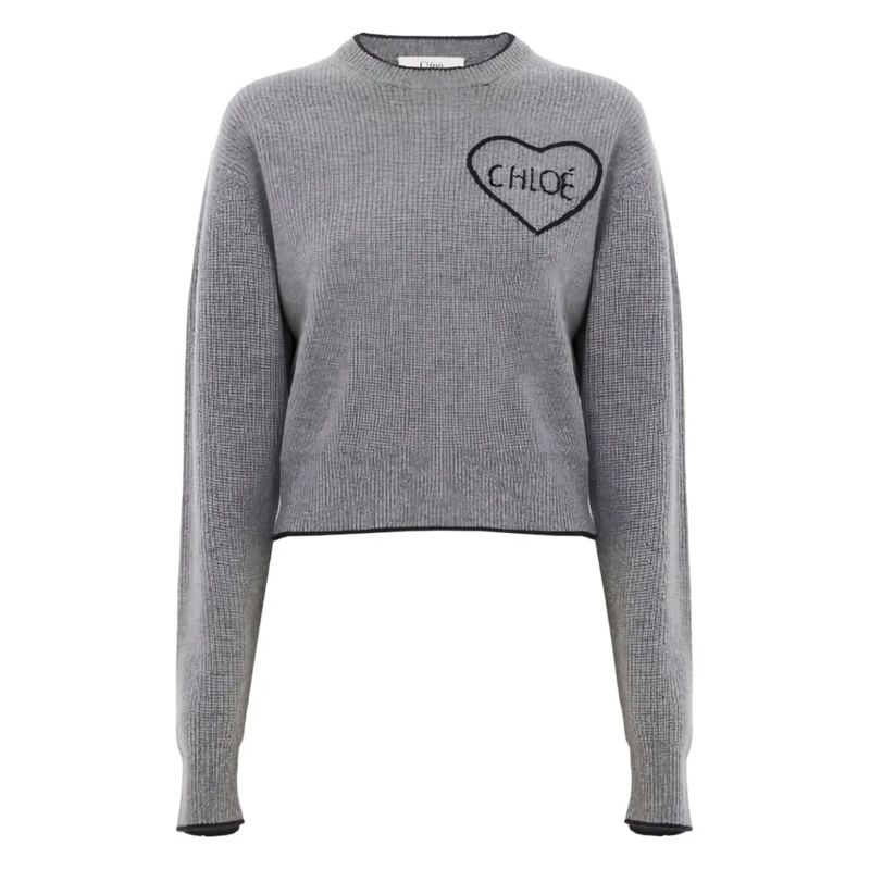 Chloé Trui Ribbed Knit Sweater With Heart-Shaped Patch Detail Grey