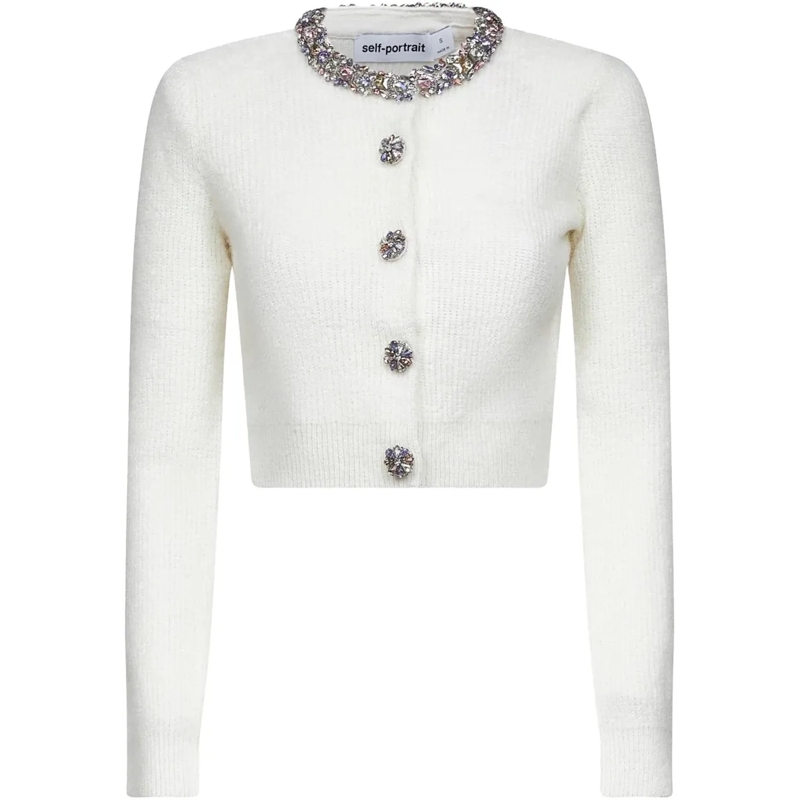 Self Portrait  Cropped Cream Cardigan With Diamond-Embellished Ne White