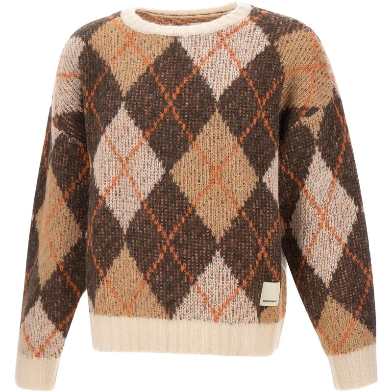 Emporio Armani  Oversized Argyle Jacquard Knit Pullover Grey
