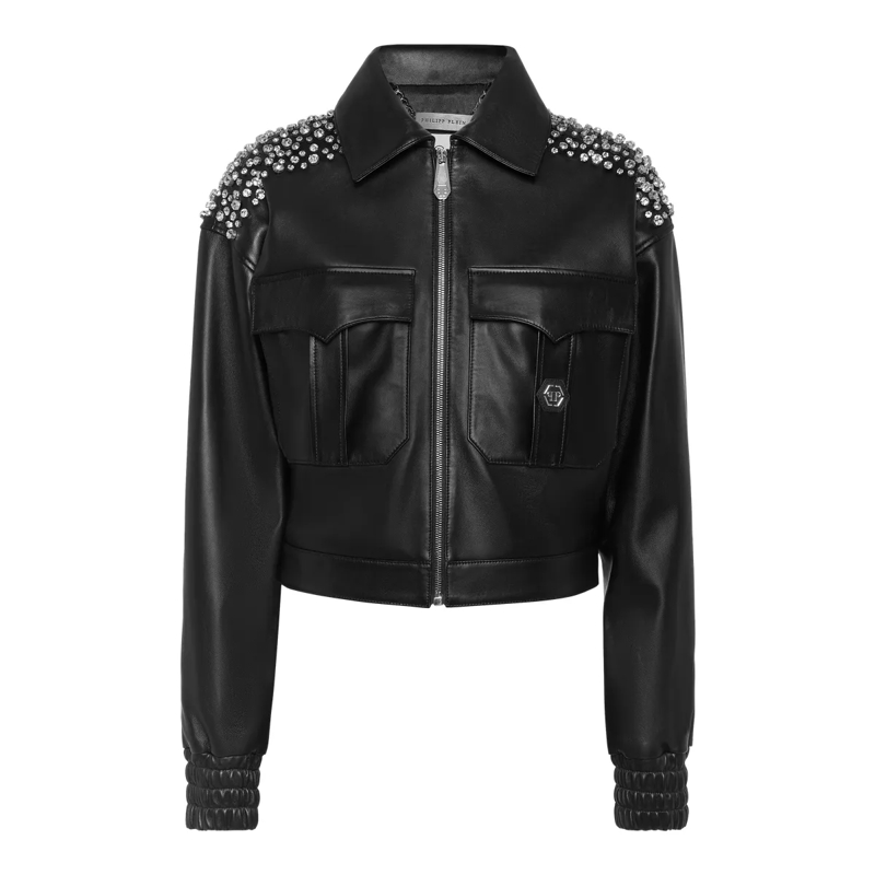Philipp Plein Daunenjacke Leather Bomber Signature schwarz