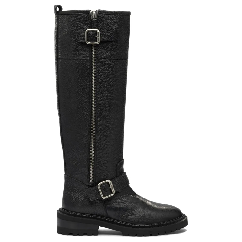 Via Roma 15 Laarzen Textured Leather Tall Boots With Decorative Buckle Black