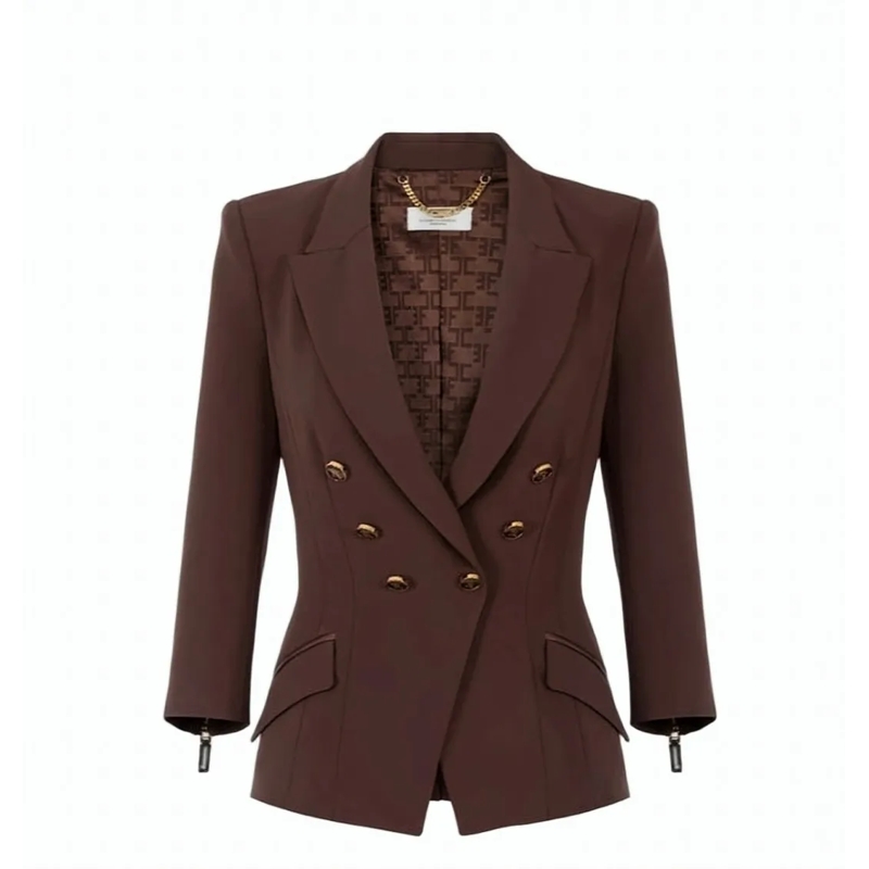 Elisabetta Franchi Blazer Double-Breasted Tailored Jacket With Monogram Sati Black