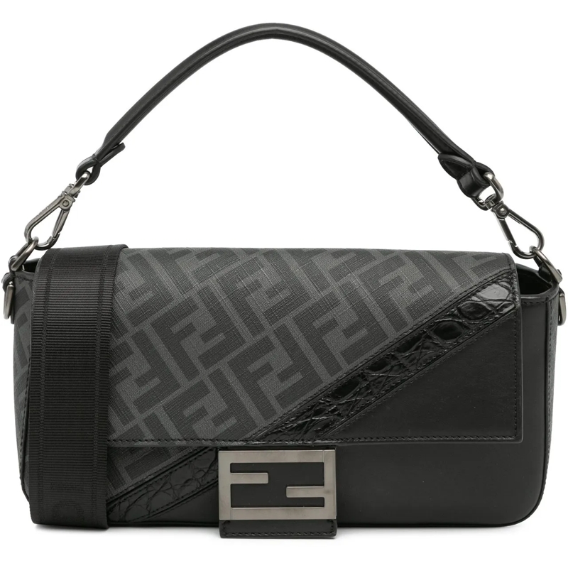 Fendi Schultertasche Zucca Coated Canvas And Calfskin Baguette Satchel schwarz