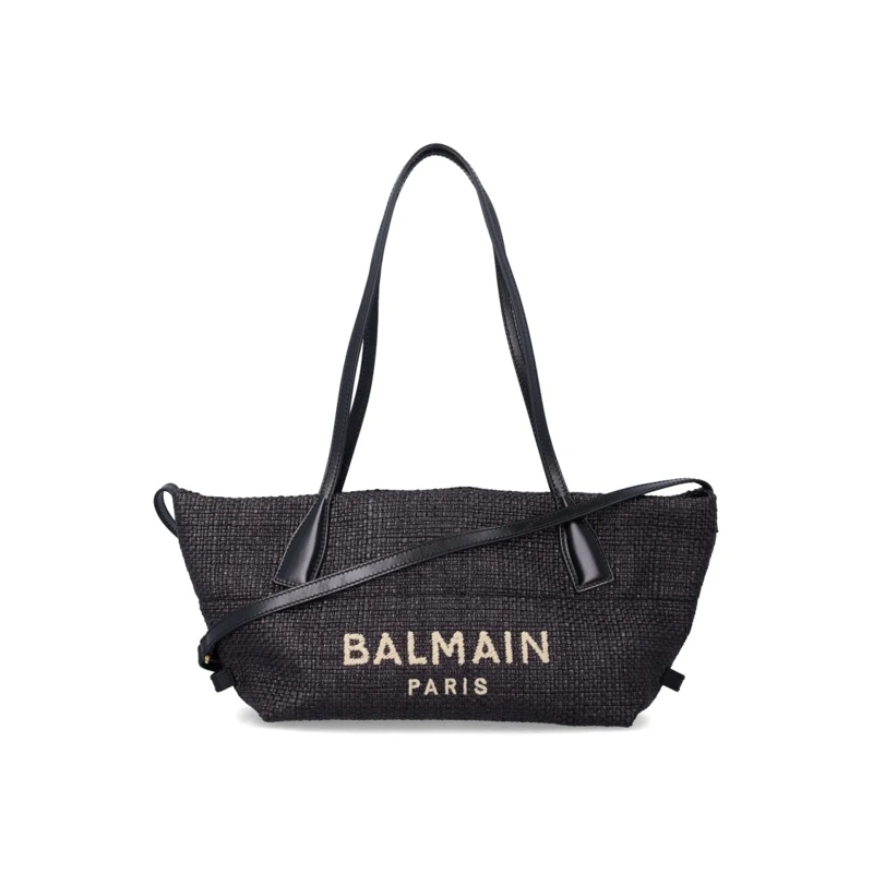 Balmain Tote Small Track Tote Bag In Raffia Black