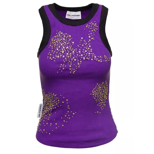Des Phemmes Purple Ribbed Tank Top With Paillettes Embroidery  Purple 