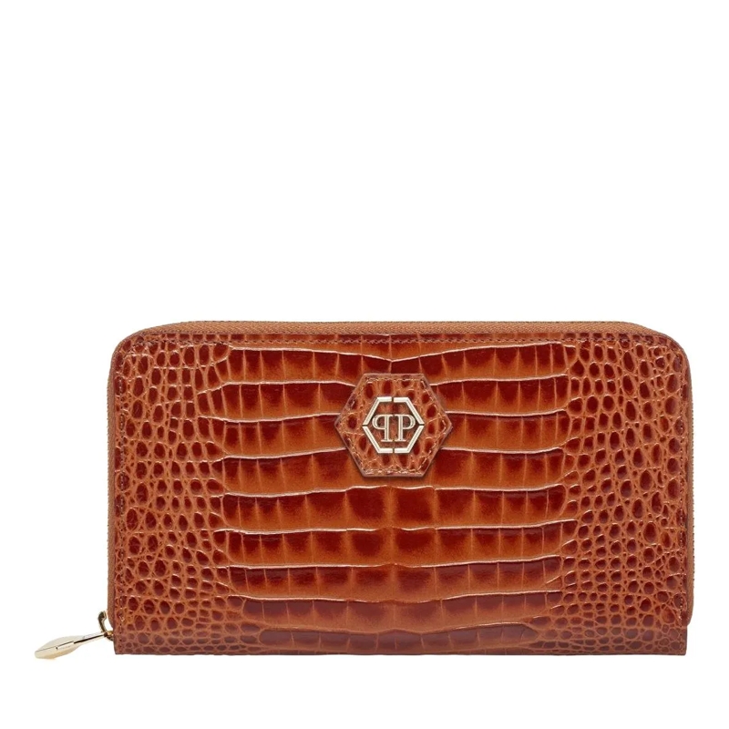Philipp Plein Geldbörse Mid-Zip Brieftasche Cocco Crocco Geprägt braun