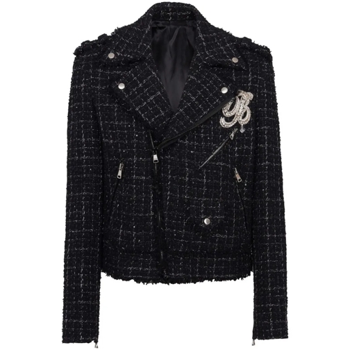 Balmain Checked Tweed Biker Jacket Black Black Lederjacken