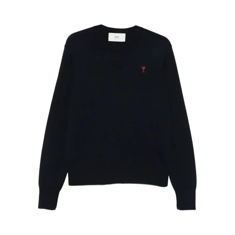 AMI Paris Trui Navy Blue Crew Neck Sweater With Heart Embroidery Black