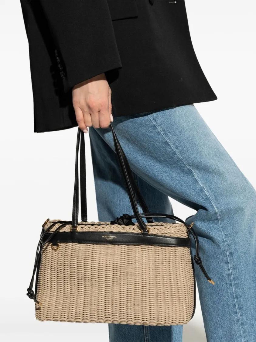 Dolce&Gabbana Shoppers & Totes Woven Structured Handbag With Black Leather Accent in beige