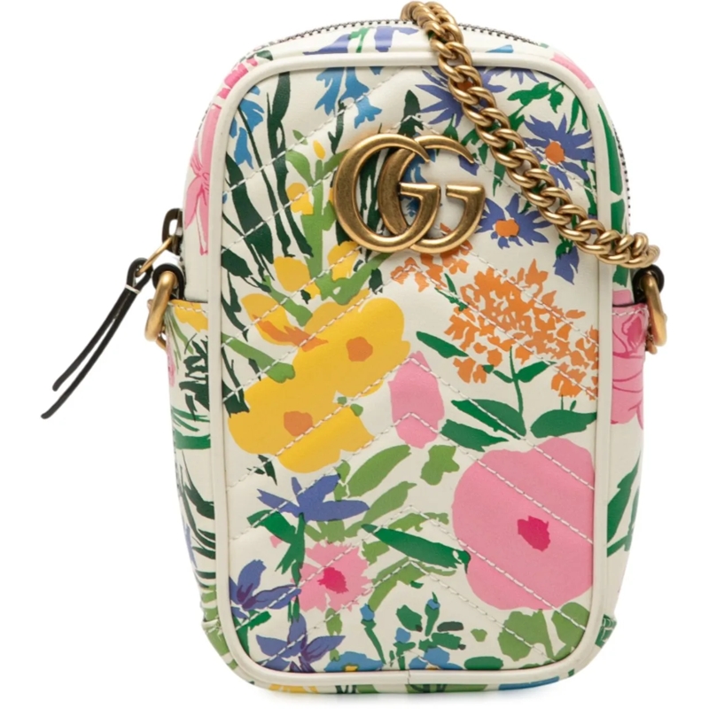 Gucci Sac à bandoulière Mini GG Marmont Floral Printed Matelasse Leather C weiß