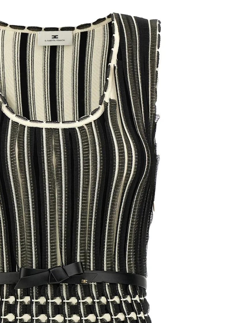Elisabetta Franchi Organza-Appliqué Striped Knit Midi Dress
