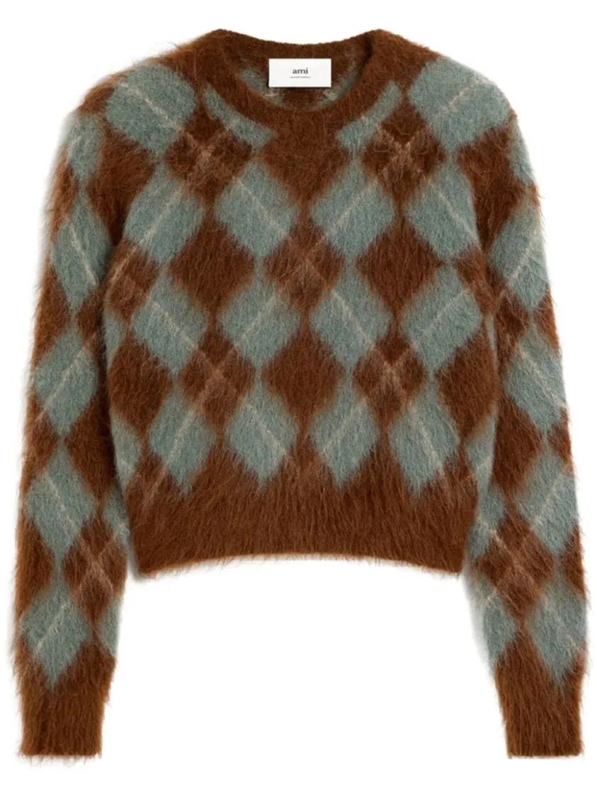 AMI Paris - Argyle Wool Blend Brushed Sweater - Größe L - braun