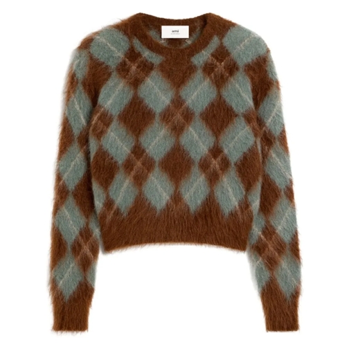 AMI Paris Pull Argyle Wool Blend Brushed Sweater Brown