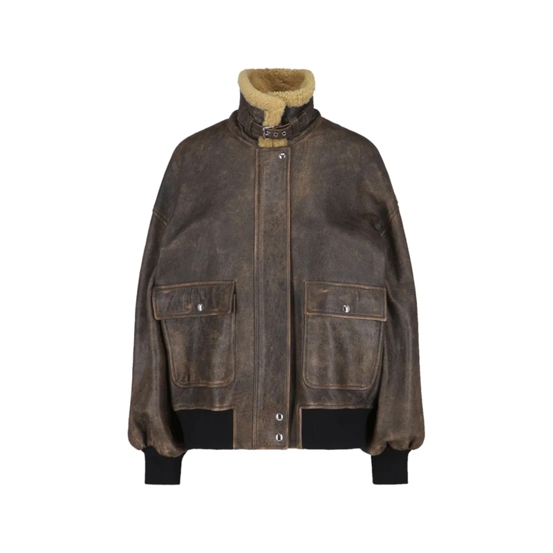 Khaite Leren jas Distressed Brown Leather Jacket With Shearling Col Brown