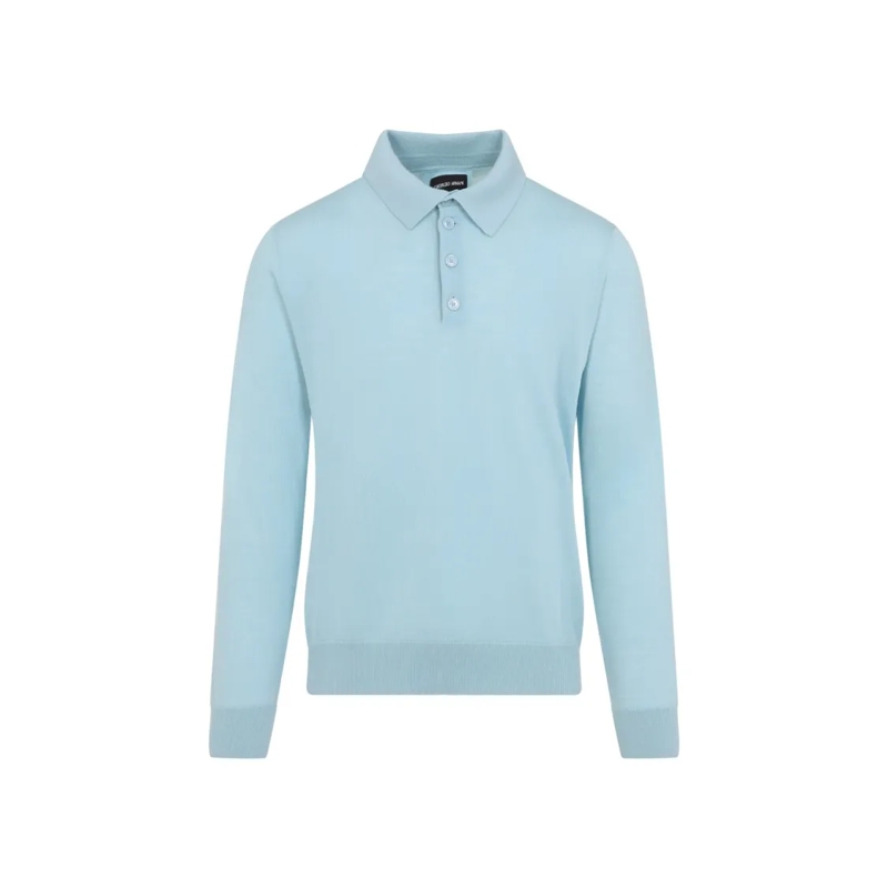 Giorgio Armani Trui Aquamarine Wool Sweater With Polo Collar And Butto Blue