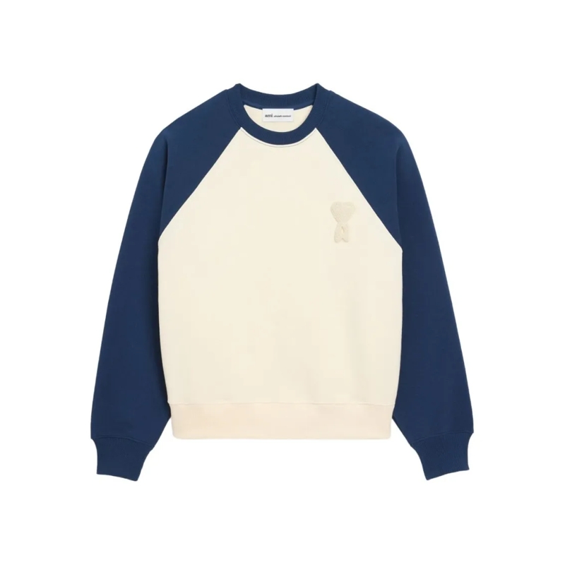 AMI Paris  Cream And Blue Two-Tone Knitted Crew Neck Sweater Multicolor