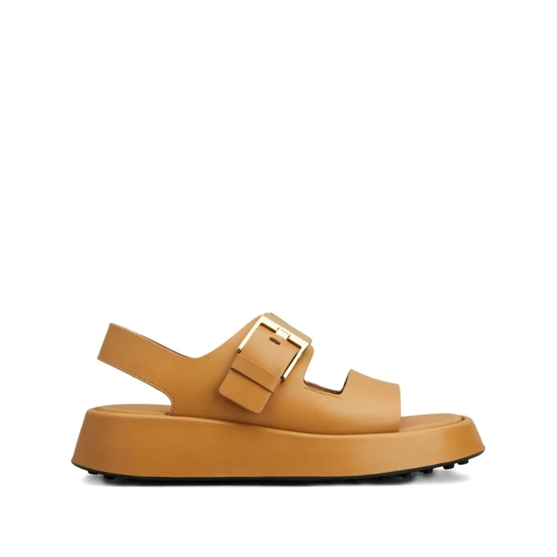 Tod's Sandalen Beige Calf Leather Sandals With Polished Buckle Brown