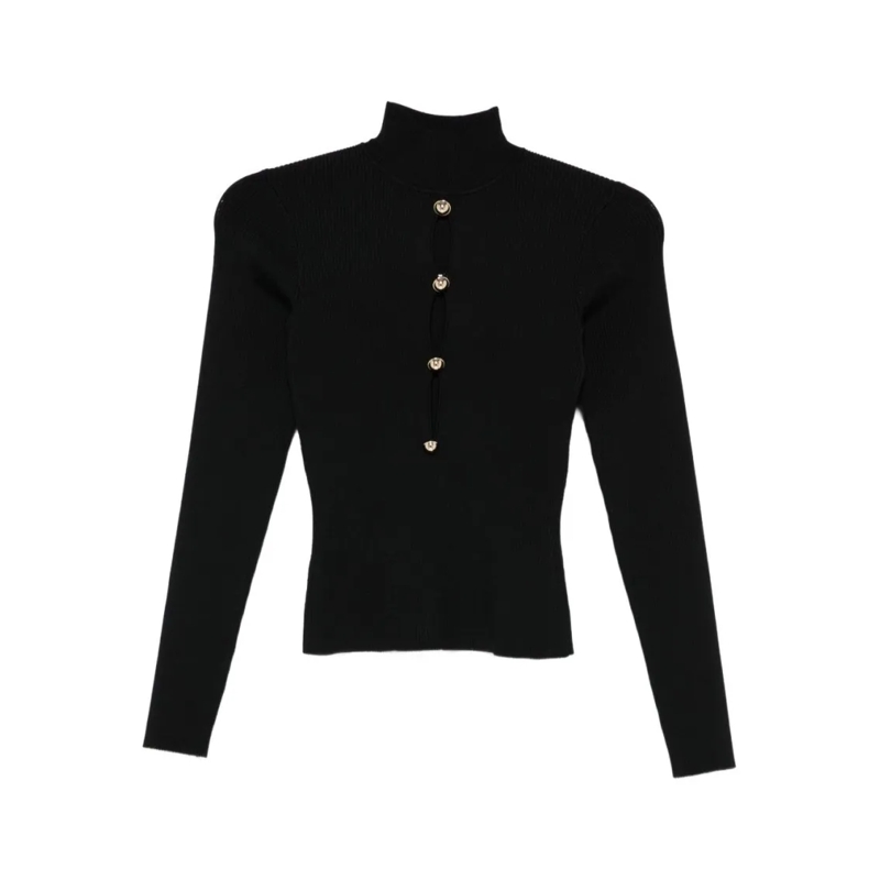 Self Portrait Pullover Fitted Ribbed Sweater With Vertical Cut-Out Design Black