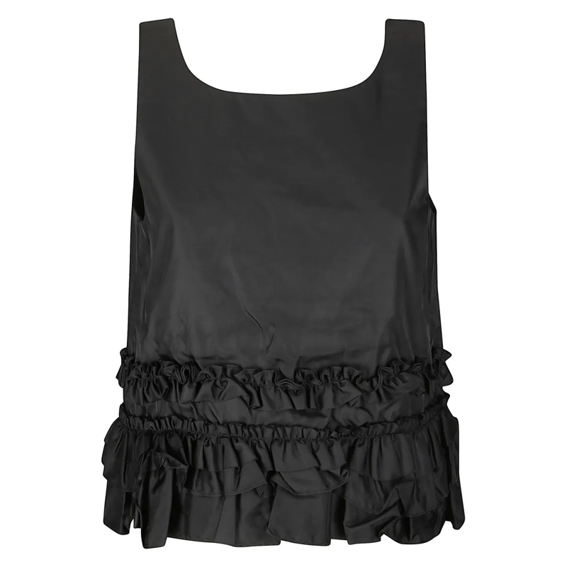 GANNI Bluse Crinkled Taffeta Checkered Top With Ruches Black