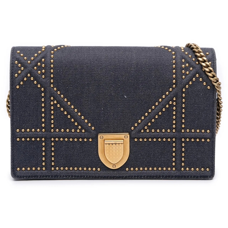 Christian Dior Schultertasche Studded Denim Diorama Wallet on Chain blau