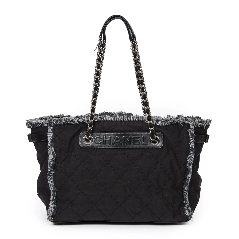 Chanel Crossbody Bag Horizontal Tweed Fringe Chain Tote schwarz