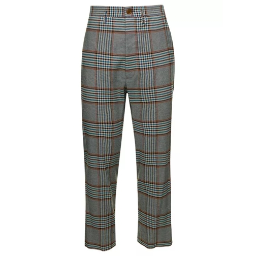Vivienne Westwood Grey High-Waisted Pants With Check Motif In Viscos Blue Hosen