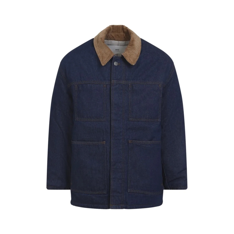 AMI Paris Donsjas Dark Denim Jacket With Brown Corduroy Collar Black