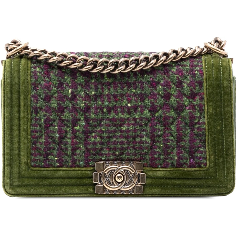 Chanel Schultertasche Old Medium Tweed and Velvet Boy Flap grün
