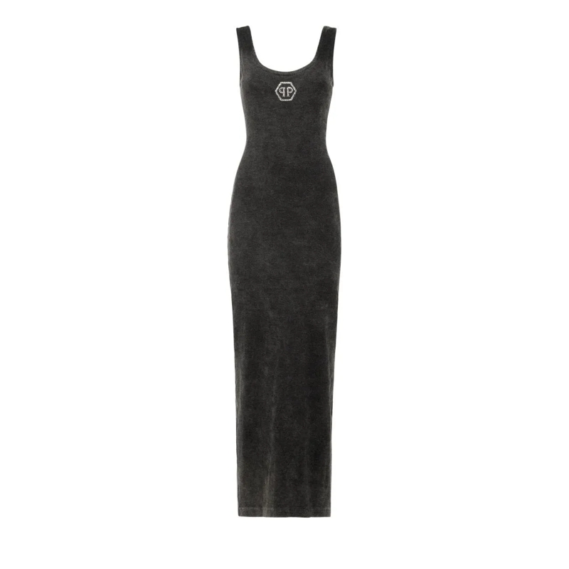 Philipp Plein Maxikleid Langes Tank-Kleid Hexagon Verziert grau