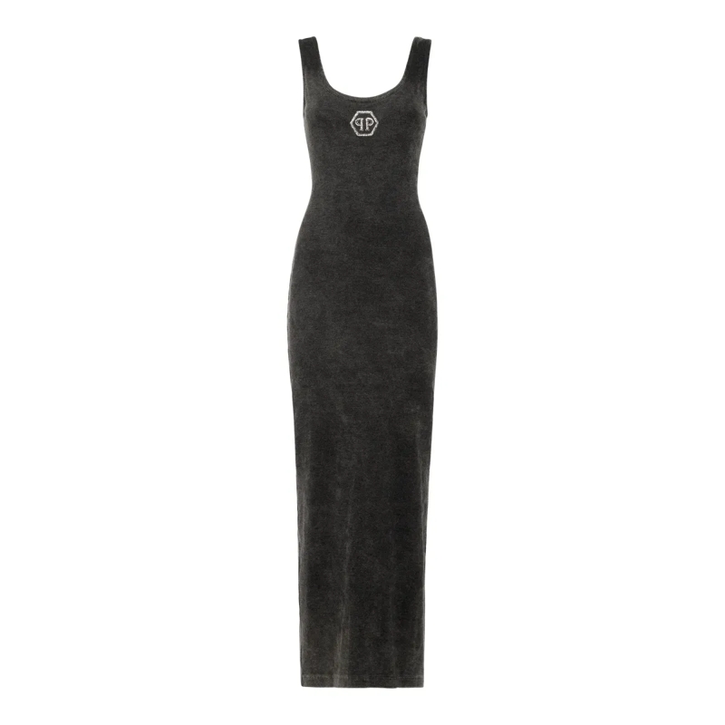 Philipp Plein Maxikleid Langes Tank-Kleid Hexagon Verziert grau