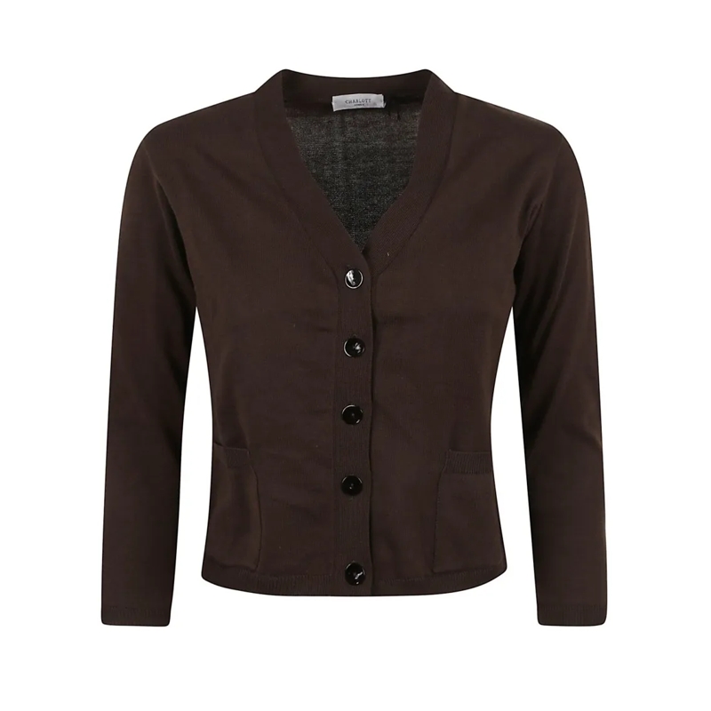 Charlott Trui V-Neck Button-Down Sweater With Front Pockets Brown